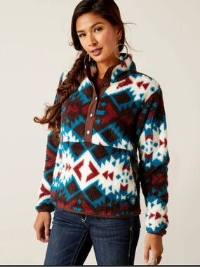 Ariat Aztec Sherpa Fleece Jacket in Teal, Brown, White, Burgundy
